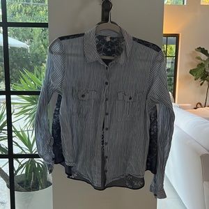 FREE PEOPLE Oxford Blue and white stripe shirt with floral back